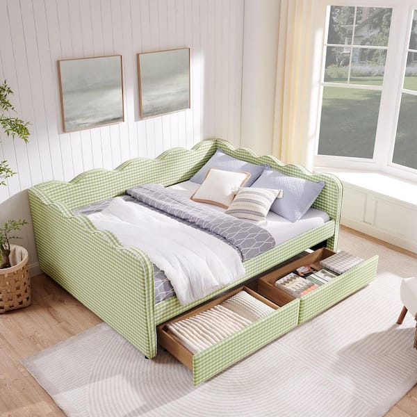 Corland Modern Green Gingham Linen Upholstered Queen Size Daybed with Drawers and USB Port, Adorable Wave Shaped