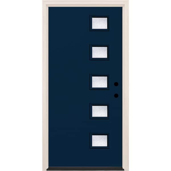 Builders Choice 36 in. x 80 in. Left-Hand/Inswing 5-Lite Rain Glass Indigo Painted Fiberglass Prehung Front Door w/4-9/16 in. Frame