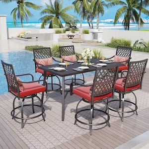 7-Piece Metal Rectangle Bar Height Outdoor Dining Set with Red Cushions