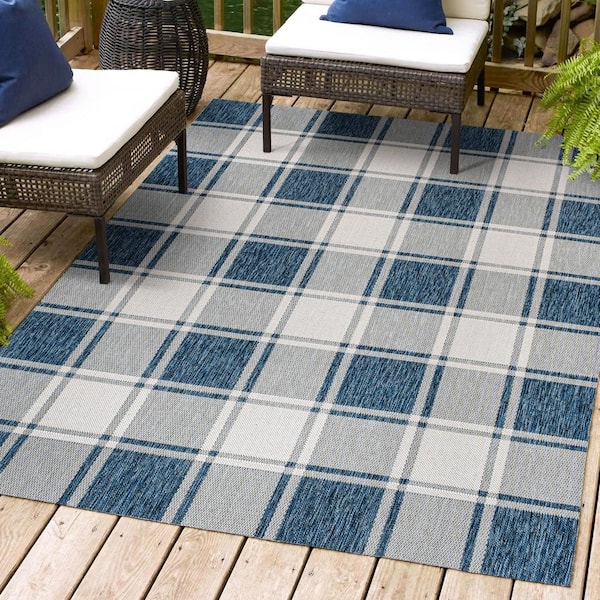 Sabine Traditional Farmhouse Bold Gingham Navy/Cream 8 ft. x 10 ft. Indoor/Outdoor Area Rug