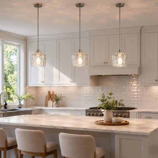 RayHome 1-Light Modern Brushed Nickel Adjustable Height Pendant Light with Hand-Blow Hammered Glass for Kitchen Bedroom