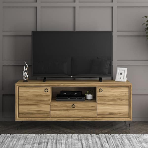 Polifurniture Oslo Walnut Tv Stand Fits TV's up to 65 in. with Storage Cabinets and Drawer