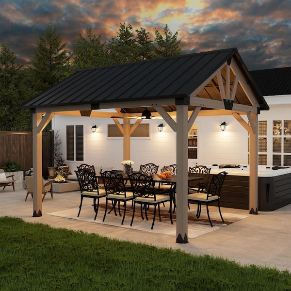 Clihome 10 ft. x 12 ft. Cedar Wood Gazebo with Black Galvanized Steel Roof, Herringbone Design, All-Weather Outdoor Shelter