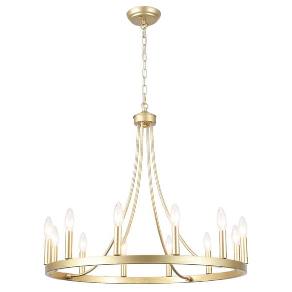 ADSENSTY 12-Light Gold Modern Adjustable Height Light Fixture Wagon Wheel Chandelier