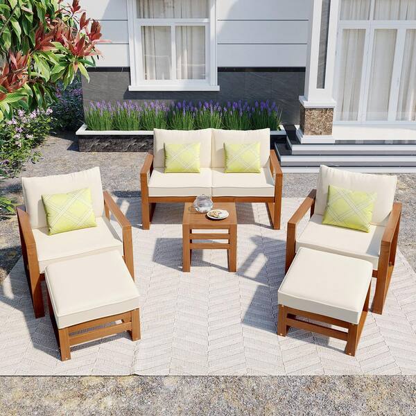 ToolCat Brown 6-Piece Acacia Wood Patio Conversation Set with Beige Cushions and Ottomans for Backyard