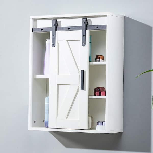 21.7 in. W x 7.9 in. D White Wood 5-Layer Decorative Wall Shelf with Adjustable Door
