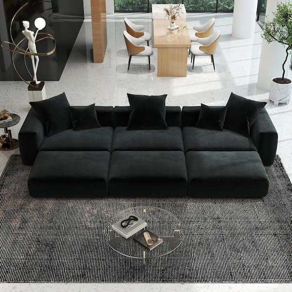 141in. Square Arm 6-Piece Corduroy Modular Free Combination Sectional Sofa Bed in Black with Ottoman and Removable Cover