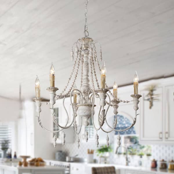 Farmhouse 6-Light Distressed White Chandelier with Wood Beaded for Living Room, Dining Room