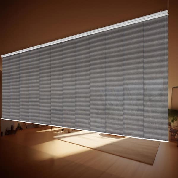 EMOH Shadow Stripe 140 in. - 260 in. W x 94 in. L Adjustable 12-Panel White Double Rail Panel Track with 23.5 in. Slates