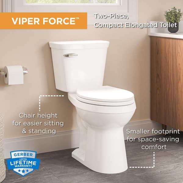 Viper Force 12 in. Rough-in 2-Piece 1.28 GPF Single Flush Compact Elongated Chair Height Toilet in White Seat Included
