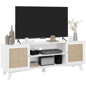White Boho TV Stand for 65 in. TVs, TV Console Table with Rattan Doors, Adjustable Shelves and a Cord Hole