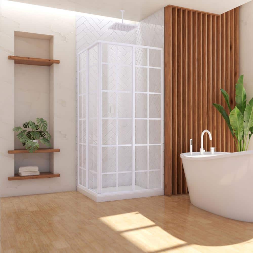 French Corner 34.5" White Framed Sliding Shower Enclosure