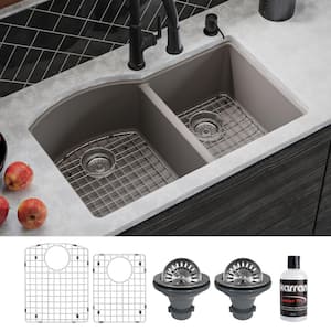 QU-610 Quartz/Granite 32 in. Double Bowl 60/40 Undermount Kitchen Sink in Concrete with Bottom Grid and Strainer