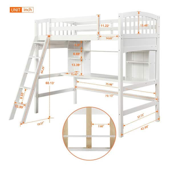 White Wood Twin Size Loft Bed, Ikea Loft Bed With Desk Measurements In Inches