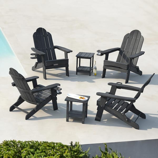 LUE BONA Miranda Black Folding Recycled Plastic Outdoor Patio Adirondack Chair With Cup Holder for Firepit/Pool (Set Of 4)