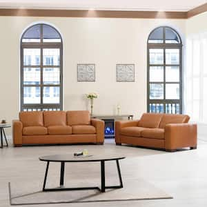 Square Arm Contemporary Oversized Genuine Leather Loveseat, and Sofa set for Living Room in Tan