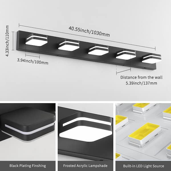 JUSHENG 40.55 in. 5 Light Black Bathroom LED Vanity Light with 5