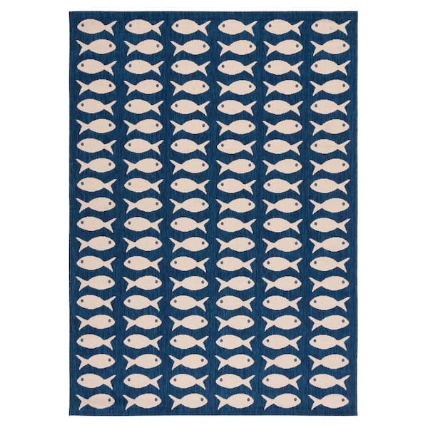 SAFAVIEH Courtyard Navy/Beige Doormat 2 ft. x 4 ft. Geometric Fish Indoor/Outdoor Area Rug