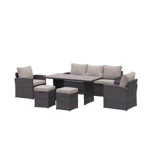 Dark Brown 6-Piece Wicker Outdoor Patio Seating Set with Khaki Cushions