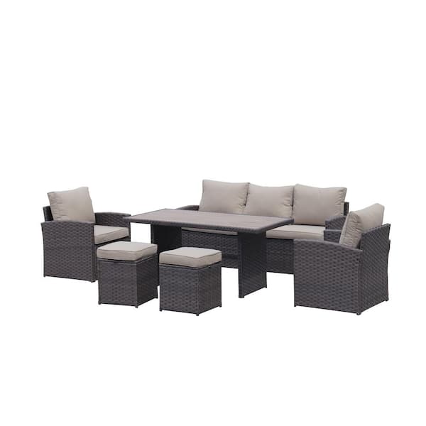 DESwan Dark Brown 6-Piece Wicker Outdoor Patio Seating Set with Khaki Cushions