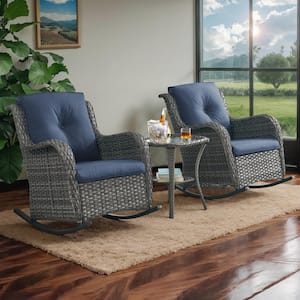 Outdoor Gray Wicker Outdoor Rocking Chair with CushionGuard Blue Cushions Patio (Set 2-Pack)