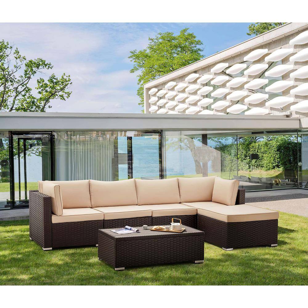 Outdoor sectional sofa set on a patio by the water.