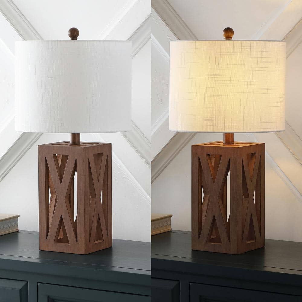 Stewart Rustic 21.5" Brown Wood Table Lamp with White Linen Shade