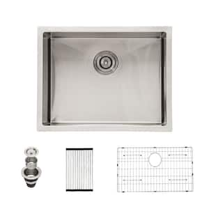 23 in. Undermount Single Bowl 16-Gauge Stainless Steel Bar Sink Round Corner Kitchen Basin with Bottom Grid