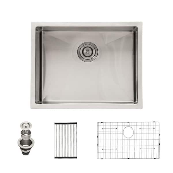 Sarlai 23 in. Undermount Single Bowl 16-Gauge Stainless Steel Bar Sink Round Corner Kitchen Basin with Bottom Grid