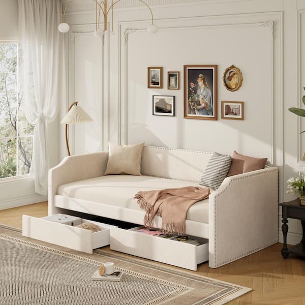 Beige Twin Size Velvet Upholstered Daybed with 2 Storage Drawers