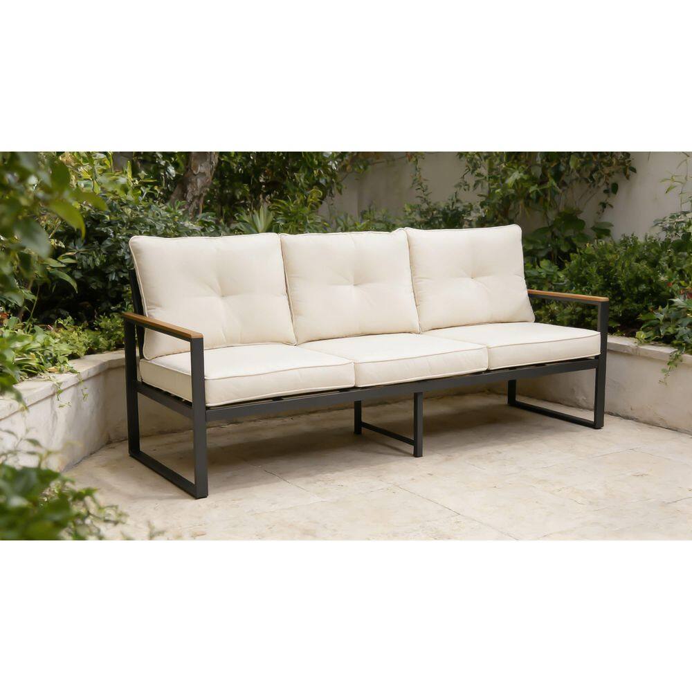 Dark Gray Steel Metal Outdoor Patio 3 Seat Sofa Couch with Thick Beige Cushions for Deck Garden Poolside price history on PriceWatchPro