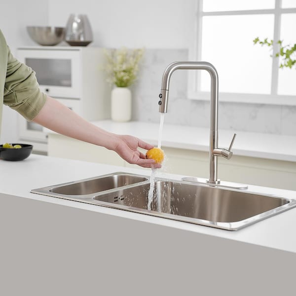 Industrial Single Handle Brushed Nickel 17.3 in. H 2-Func Pull-Down Sprayer Kitchen Faucet W/ 180 Swivel