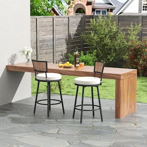 2-Piece Swivel Metal Outdoor Bar Stool Set with Rattan Backrest and Beige Cushions