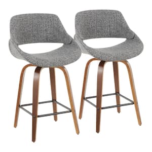 Fabrico 26 in. Walnut and Grey Fabric Counter Stool with Square Black Footrest (Set of 2)