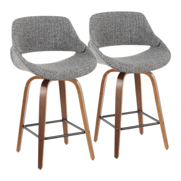 Lumisource Fabrico 26 in. Walnut and Grey Fabric Counter Stool with Square Black Footrest (Set of 2)