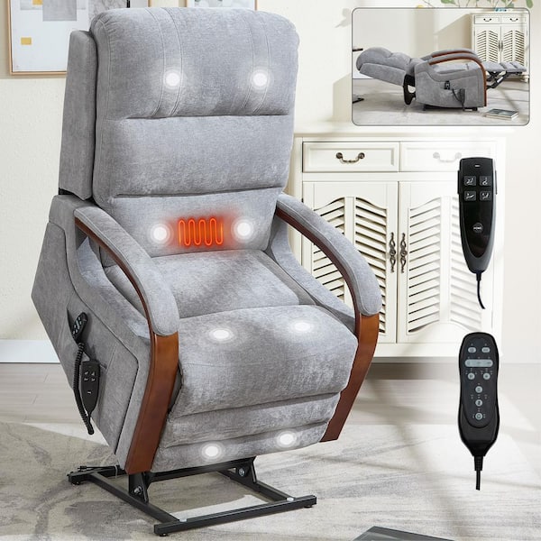 Grey Ergonomic Dual Motor Chenille Power Lift Recliner with Solid Wood Armrests, Massage and Heat