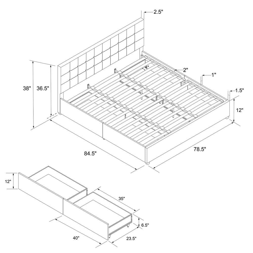 King Light Gray Velvet Upholstered Bed with Storage Drawers