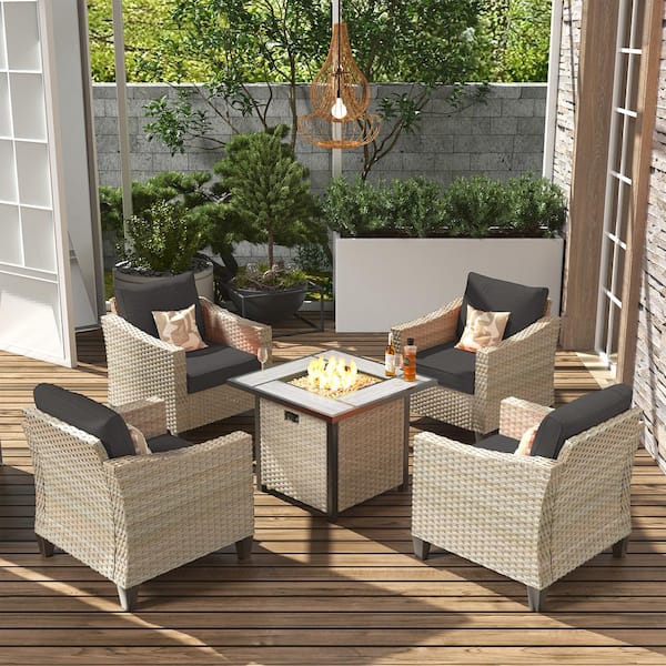 HOOOWOOO Oconee Beige 5-Piece Modern Outdoor Patio Conversation Sofa Seating Set with a Fire Pit and Black Cushions
