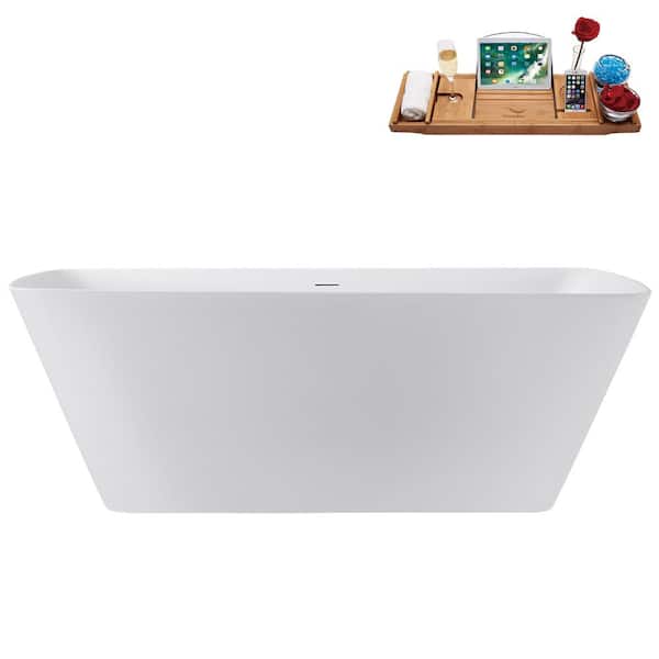59 in. x 28 in. Acrylic Freestanding Soaking Bathtub in Glossy White with Glossy White Drain, Bamboo Tray