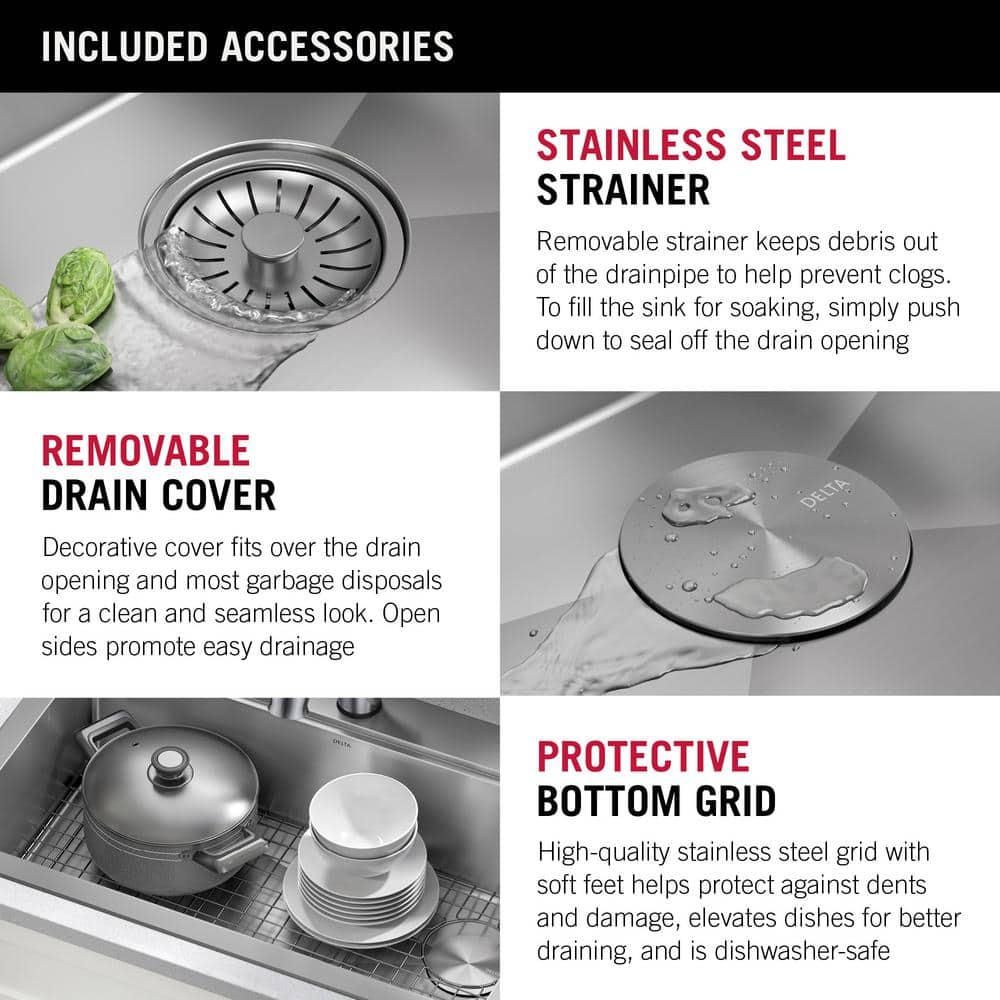 Delta Lorelai 33" Stainless Steel Workstation Kitchen Sink with Accessories