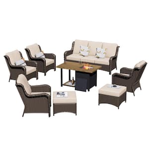 Joyoung Brown 8-Piece Wicker Outdoor Patio Fire Pit Table Conversation Seating Set with Beige Cushions