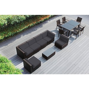 Ohana Dark Brown 14-Piece Wicker Patio Conversation Set with Stackable Dining Chairs and Sunbrella Coal Cushions