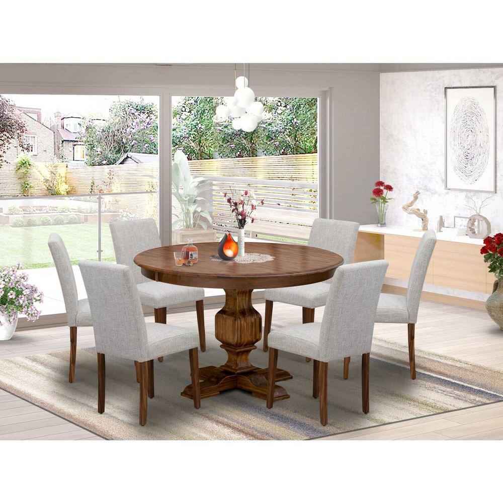 Antique Walnut Pedestal Dining Table with 6 Doeskin Linen Chairs
