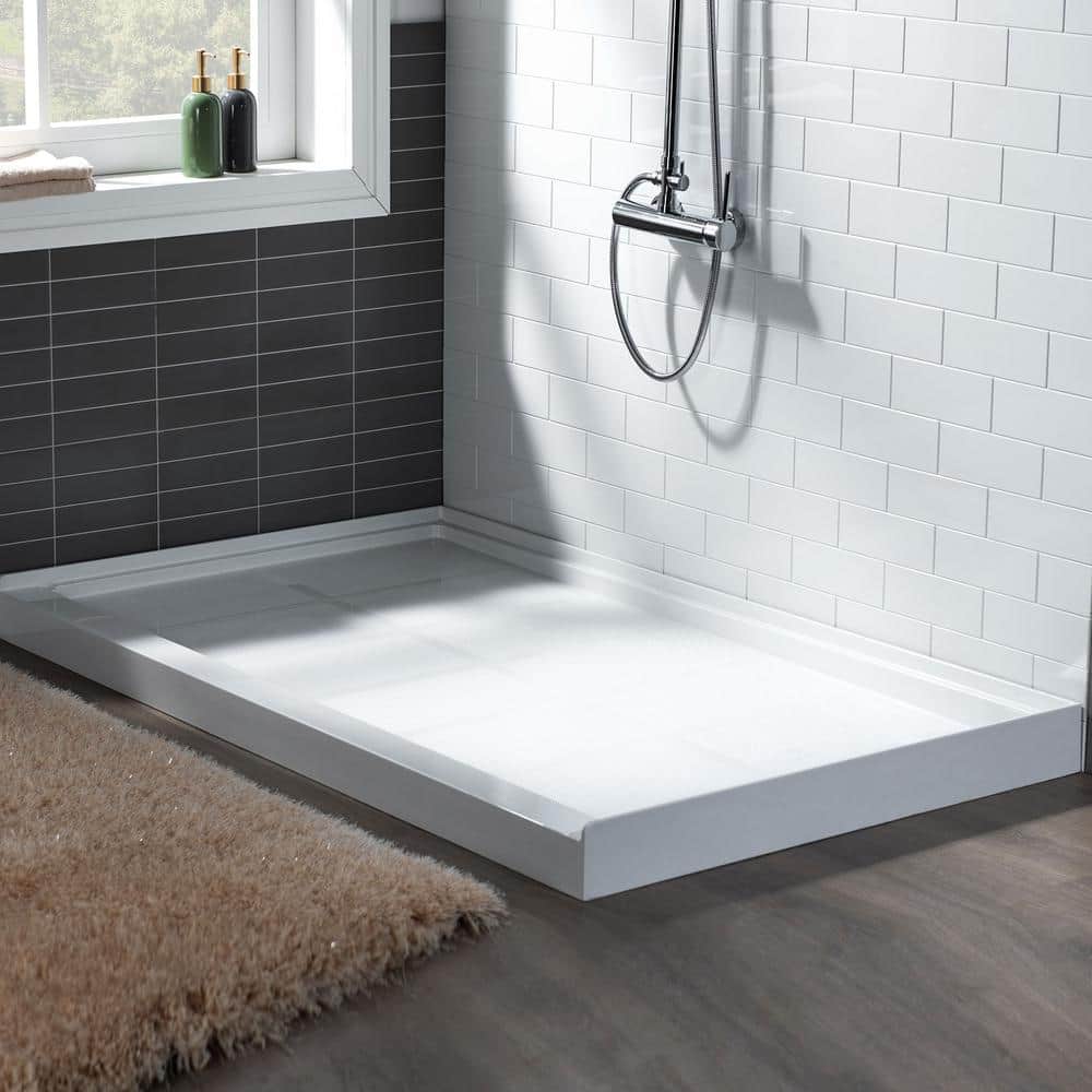 60" White Rectangular Shower Pan with Brushed Nickel Drain Cover