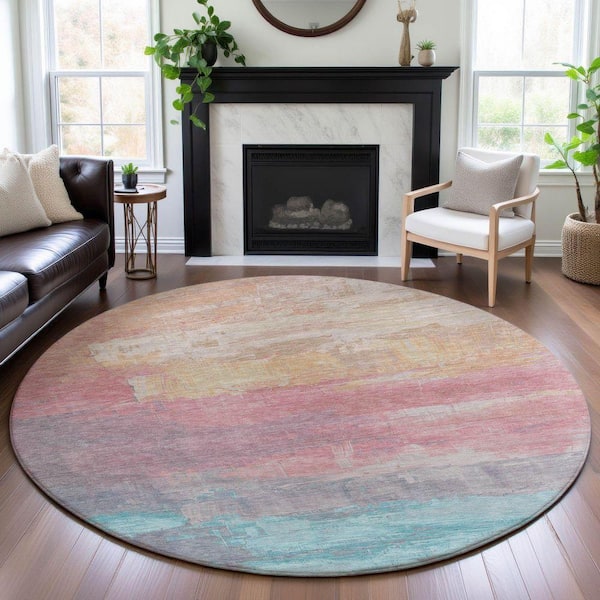 Mayfield Premium Machine Washable Abstract AMF1473 Salmon 8 ft. x 8 ft. Round Rug