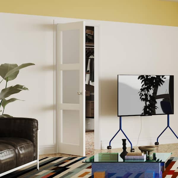 24 in. x 80 in. MDF Wood, Primed, White, 3-Lite, Frosted Glass Interior Door Slab With Silver Sphere Doorknob