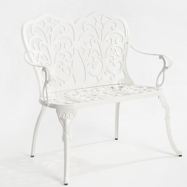 34.6 in. 2-Person Aluminum Outdoor Bench, Patio Garden Bench with Floral Rose for Patio, Park, Lawn, Yard in White