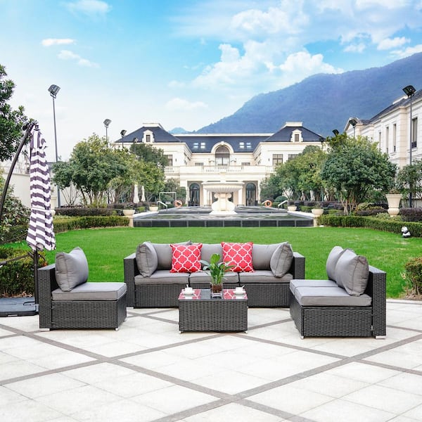 WESTIN OUTDOOR Jazzy Espresso 7-Piece Rattan Sectional Seating Group With Gray Cushion and Pillow