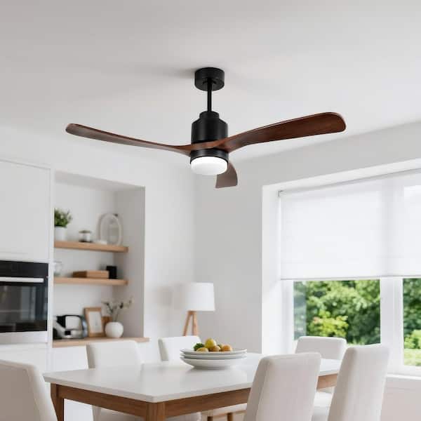Farmhouse 52 in. Indoor Matte Black Downrod Mount Standard Style Ceiling Fan with 3-Solid Wood Blades and LED Light
