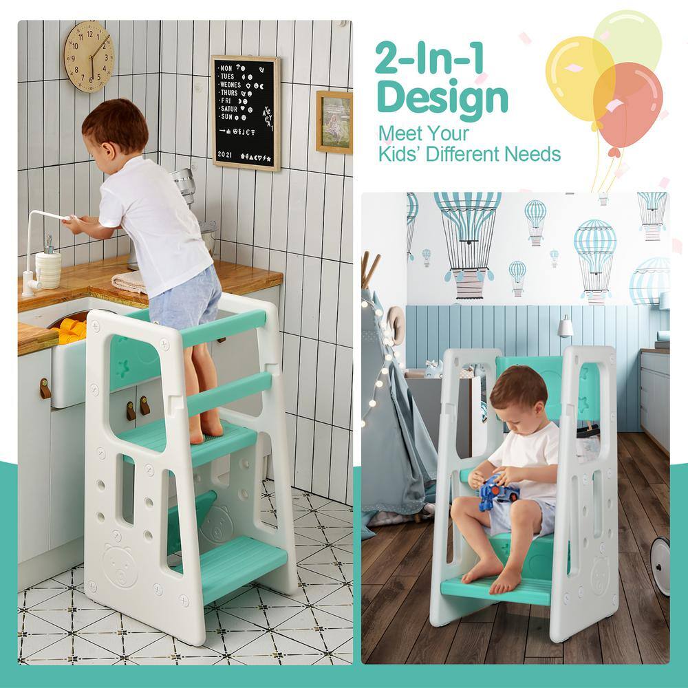 Green and White Toddler Kitchen Helper Step Stool with Safety Features